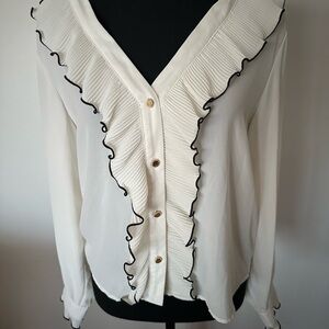 Zara Cream Ruffled Buttoned Blouse with Bib Collar